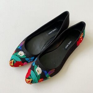 Nine West Boho Suziella Ballet Flats Shoes Tropical Floral Black Embroidered 6‎